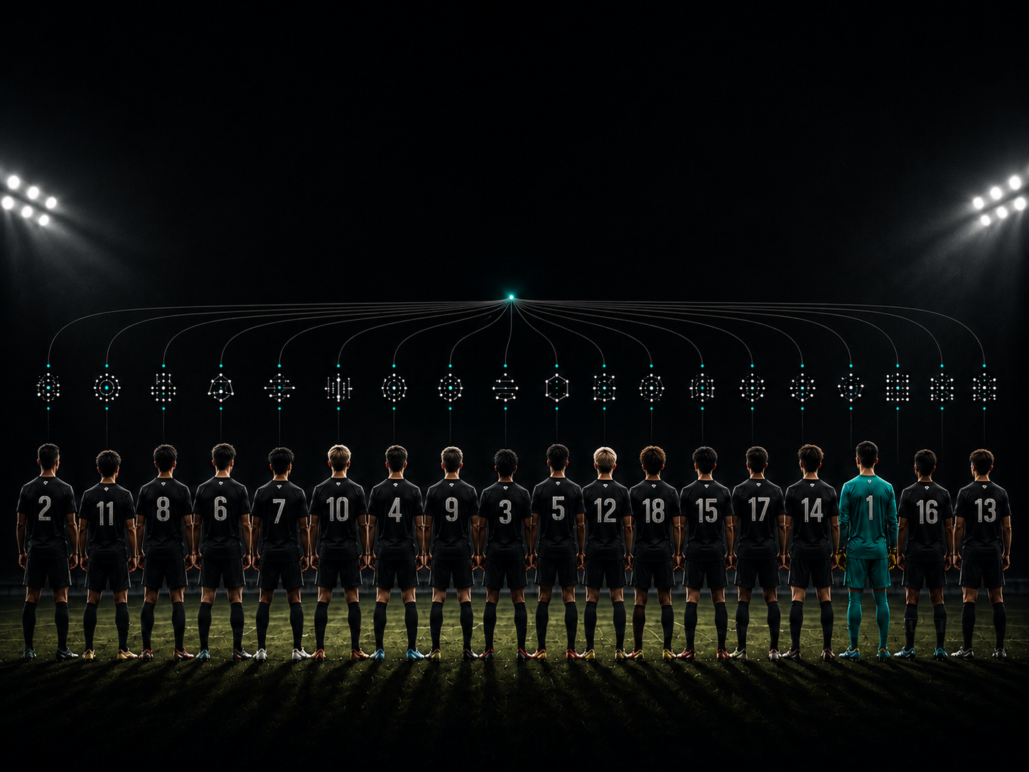 A full team of athletes in matching club kits, each with a distinct development fingerprint above them, connected to one central system.