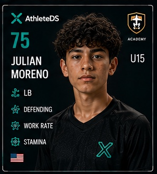 AthleteDS Digital Player Card — Julian Moreno, #75, LB, U15 Academy