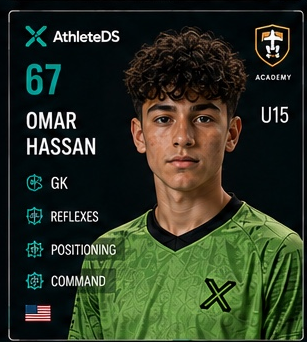 AthleteDS Digital Player Card — Omar Hassan, #67, GK, U15 Academy