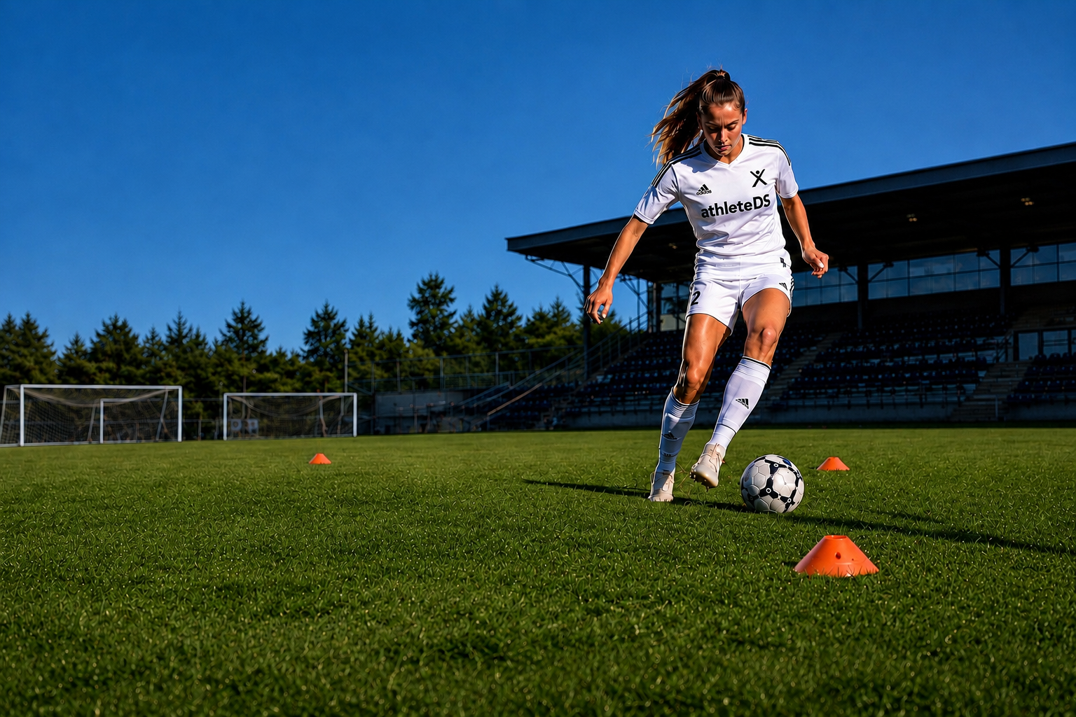 A youth soccer player in a white AthleteDS kit dribbling through orange training cones on a sunlit stadium field.