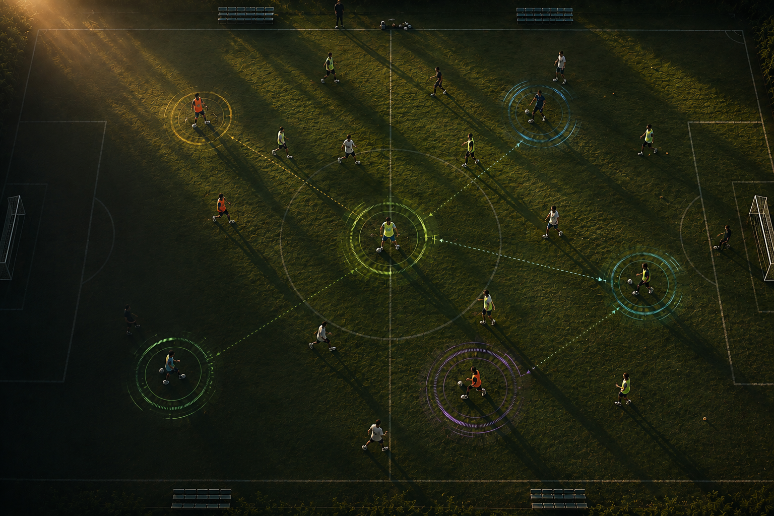 Aerial view of a full soccer training session at sunrise, with individual athletes highlighted by glowing data rings labeled with their personal development focus — speed, technical, vision, recovery, confidence and mindset.