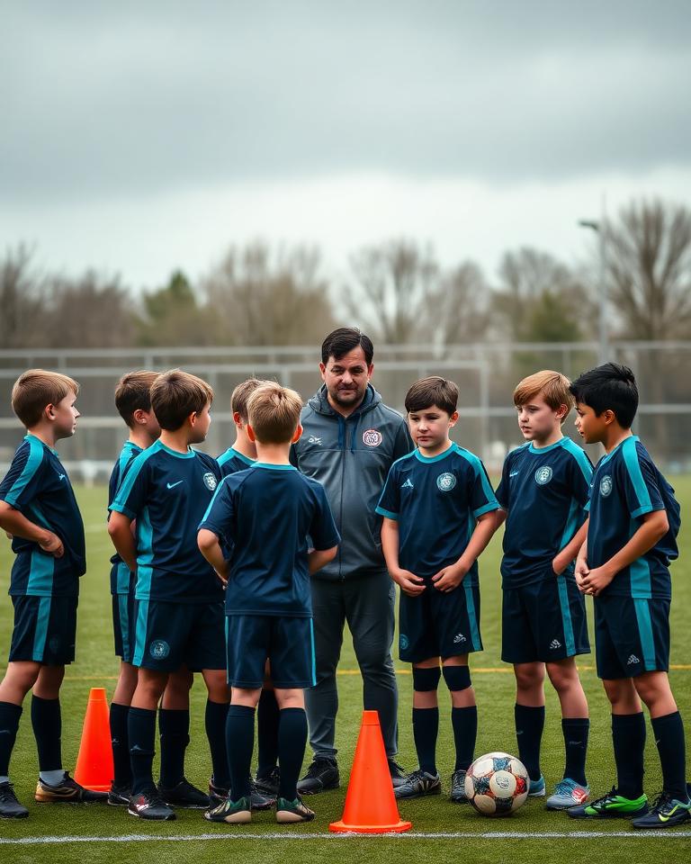 U10 squad in a team huddle