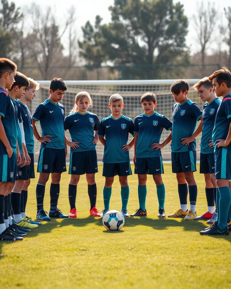 U13 squad in a team huddle