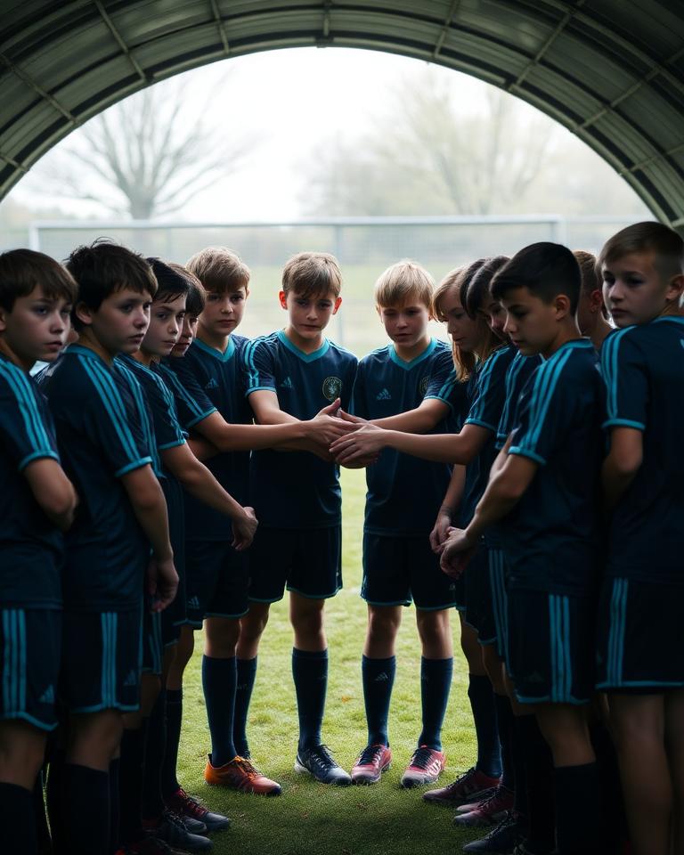U14 squad in a team huddle