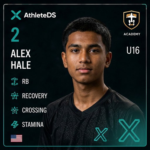 AthleteDS Digital Player Card — Alex Hale, #2, RB, U16 Premier