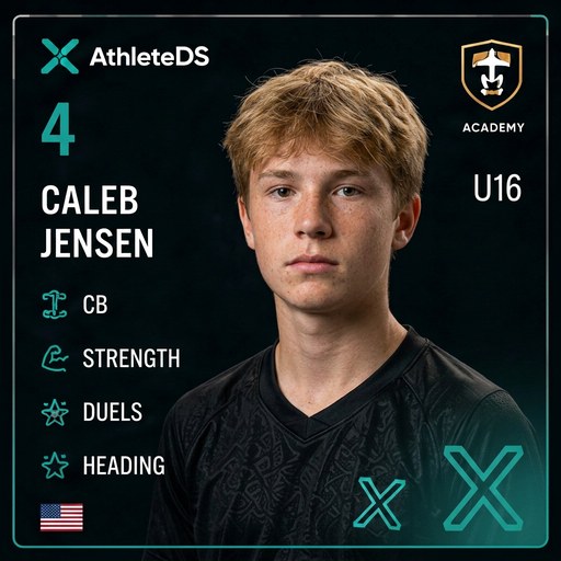 AthleteDS Digital Player Card — Caleb Jensen, #4, CB, U16 Premier