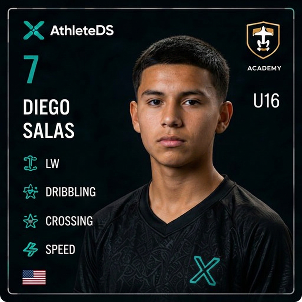 AthleteDS Digital Player Card — Diego Salas, #7, LW, U16 Premier
