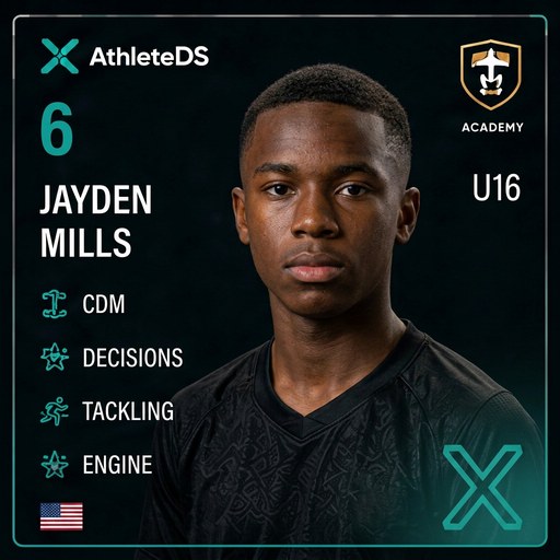 AthleteDS Digital Player Card — Jayden Mills, #6, CDM, U16 Premier