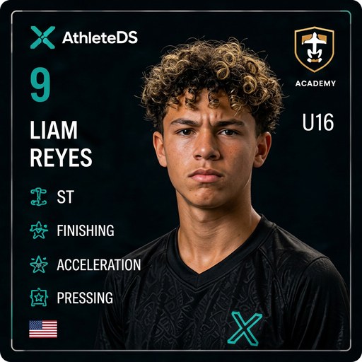 AthleteDS Digital Player Card — Liam Reyes, #9, ST, U16 Premier