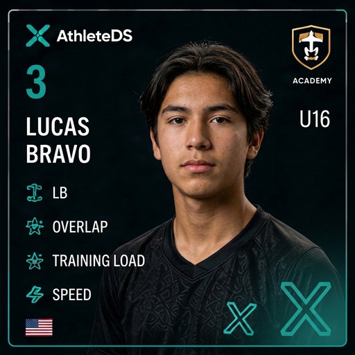 AthleteDS Digital Player Card — Lucas Bravo, #3, LB, U16 Premier