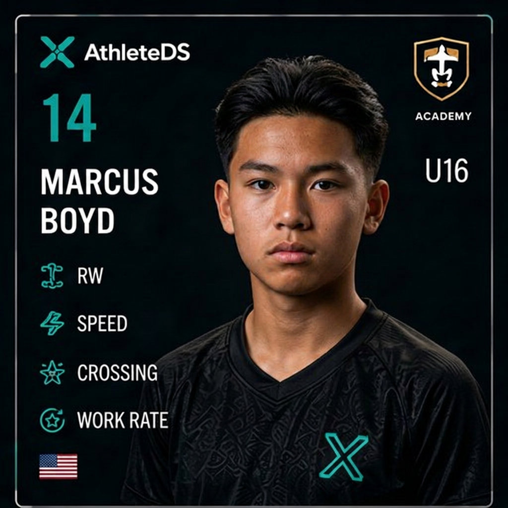 AthleteDS Digital Player Card — Marcus Boyd, #14, RW, U16 Premier