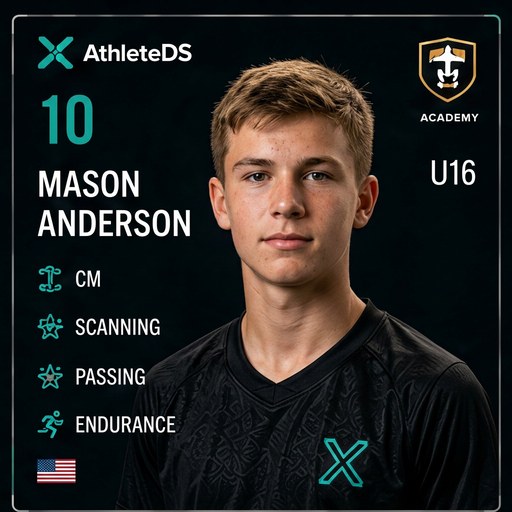 AthleteDS Digital Player Card — Mason Anderson, #10, CM, U16 Premier
