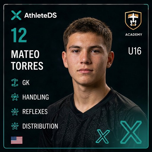 AthleteDS Digital Player Card — Mateo Torres, #12, GK, U16 Premier