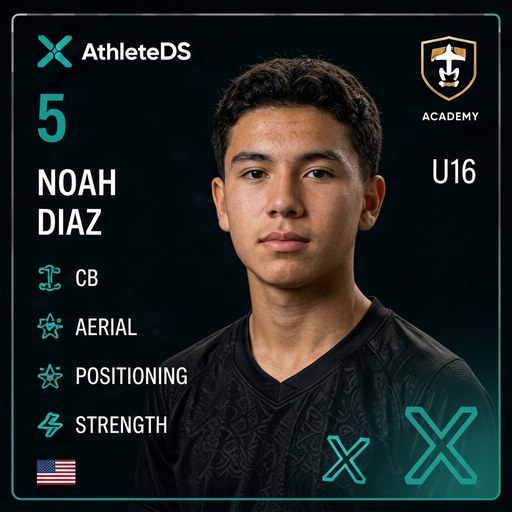 AthleteDS Digital Player Card — Noah Diaz, #5, CB, U16 Premier