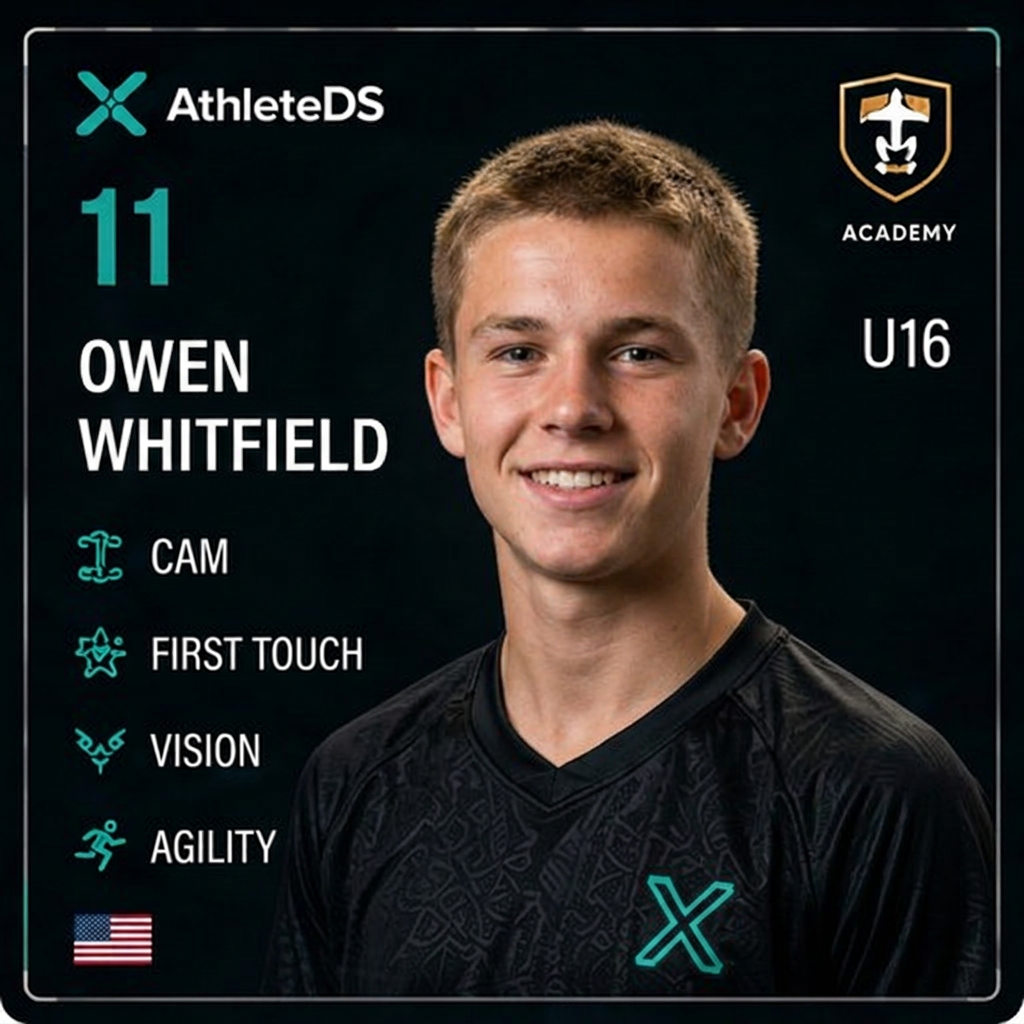 AthleteDS Digital Player Card — Owen Whitfield, #11, CAM, U16 Premier